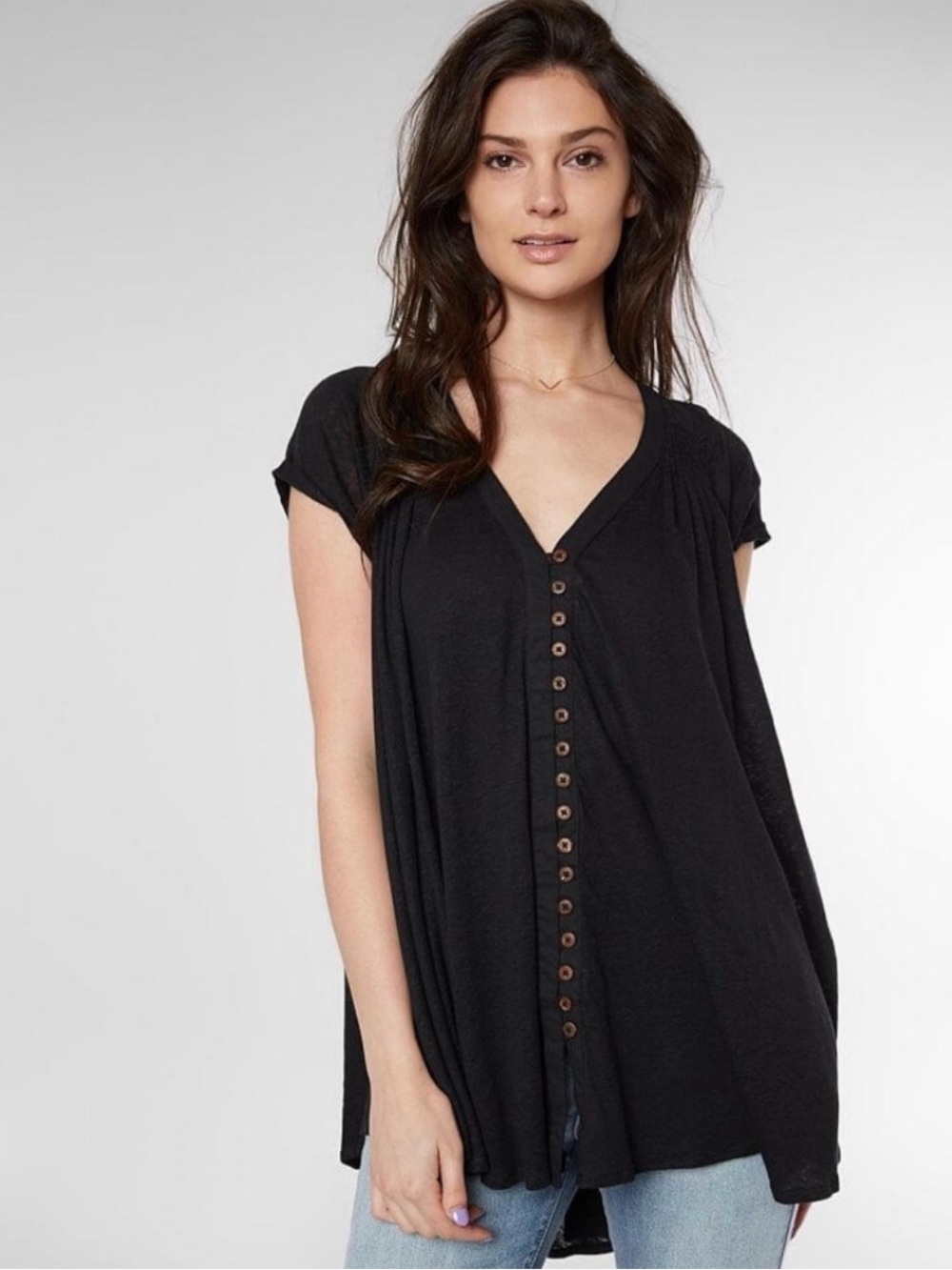 Free People Highland Tunic Black High Low Button Front Boho Top